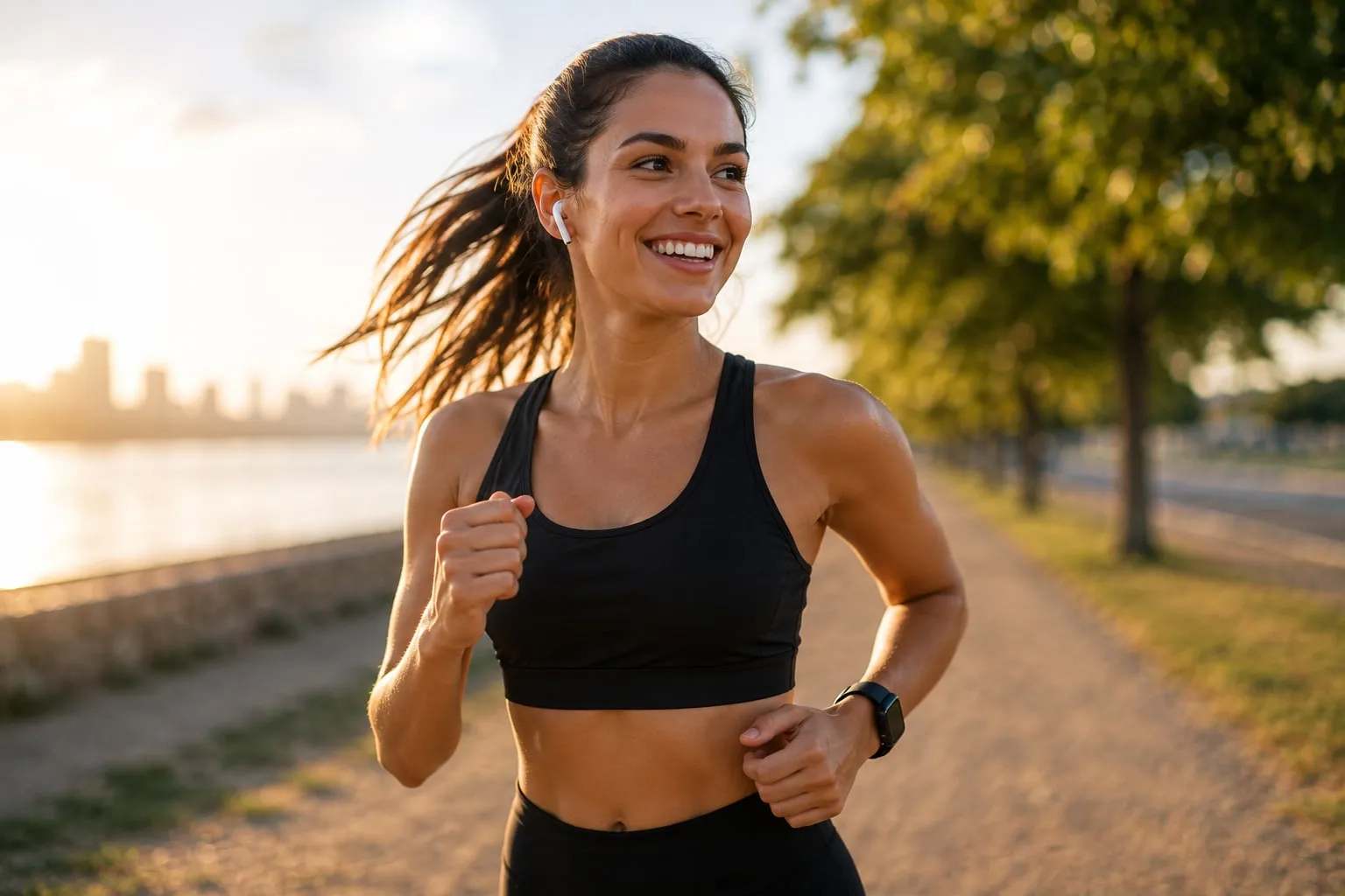 Mujer corriendo al amanecer junto al río con un reloj inteligente en la muñeca